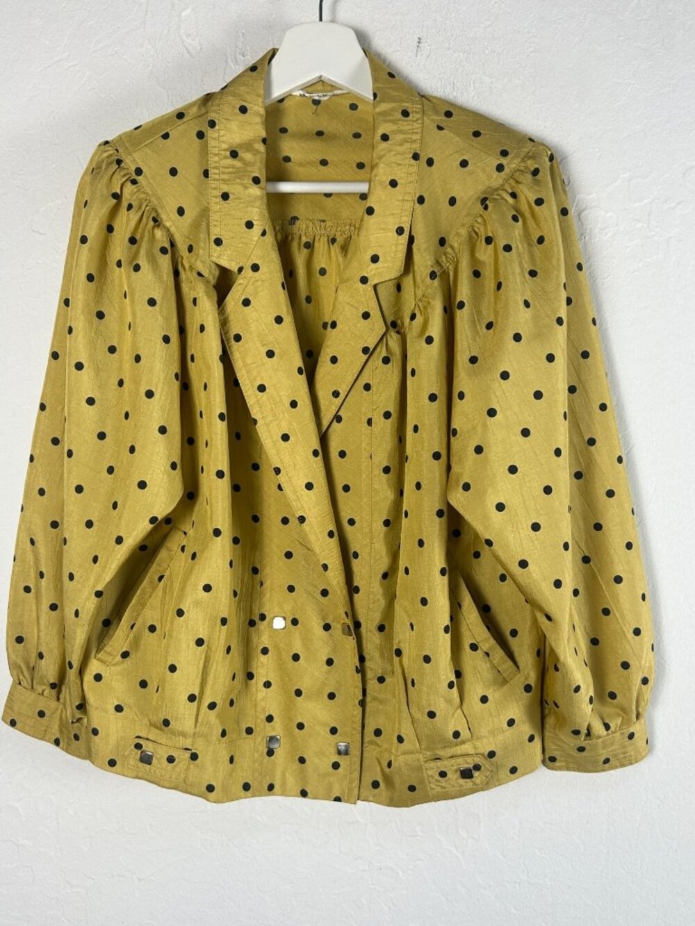 Vintage Lady Mode Womens Yellow Polka Dot Jacket Medium Retro Double Breasted